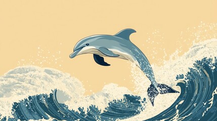 Fototapeta premium A playful dolphin leaps from ocean waves against a soft pastel backdrop.