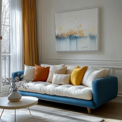 modern living room blue sofa with vibrant colorful pillows Scandinavian interior design