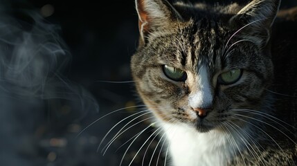 The cat stares intently into the camera. Detailed face of the animal. A piercing look of a pet. Illustration for cover, card, postcard, interior design, decor or print.