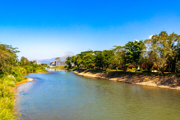 Mountain landscape with river lake water in Vang Vieng Laos.