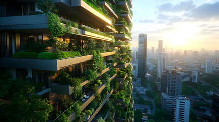 Green Cityscape: Vertical Garden Apartment Building 3D Illustration