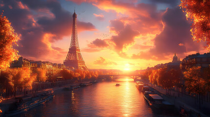 Fototapeta premium Golden Hour Sunset Over City with Tower