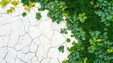 Lush green plants growing on cracked white surface, creating vibrant contrast