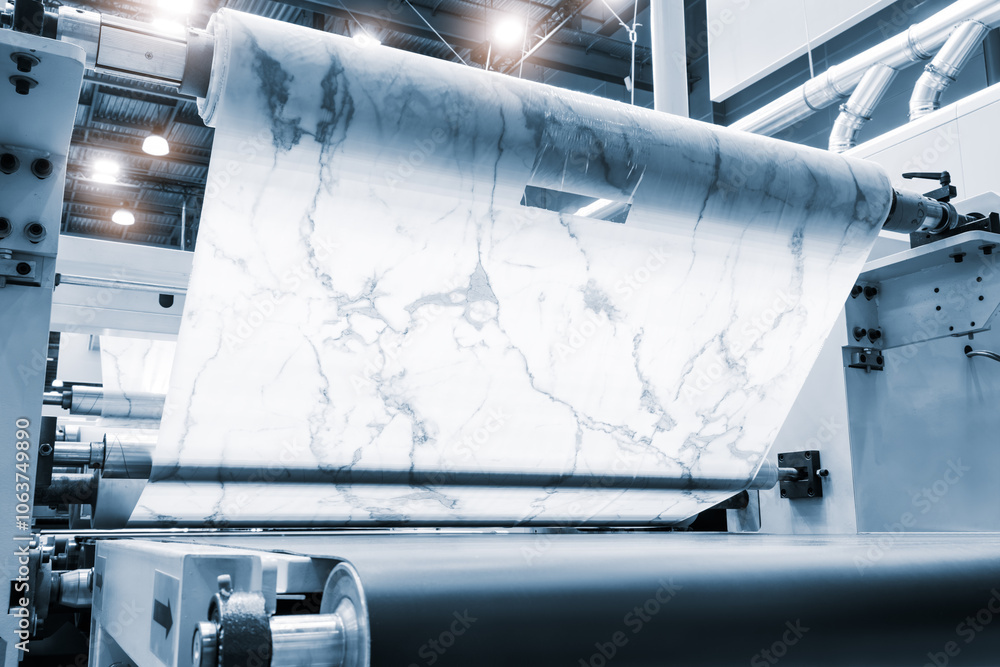 Poster a machine is printing a white marble pattern on a roll of paper. the roll is being fed into the mach