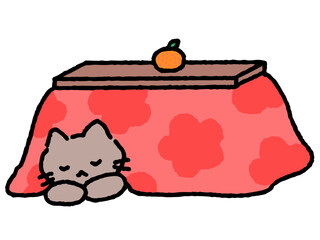 猫がこたつで丸くなっている手描きイラスト