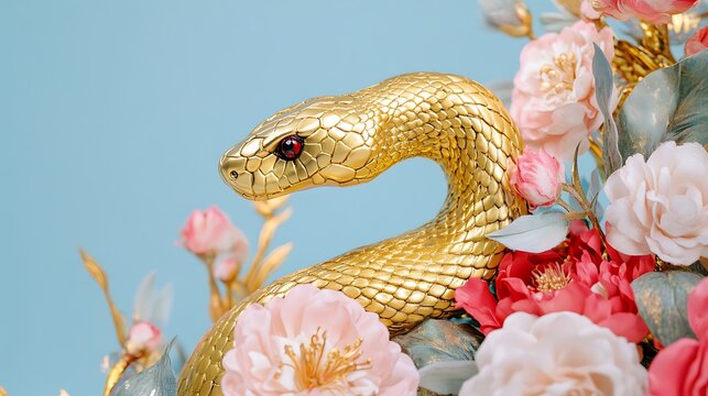 Stunning golden snake intertwined with vibrant flowers creating a bold artistic statement
