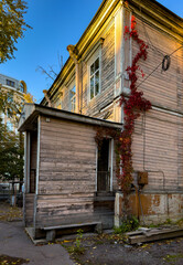 A rustic wooden house in Saint Petersburg is bathed in warm autumn sunlight, with vibrant red vines climbing its faded exterior. The sunlight accentuates the textures of the weathered wood, adding