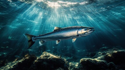 Salmon Underwater in Sunlight