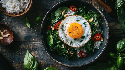 Healthy Bowl with Spinach, Egg, and Chili Peppers