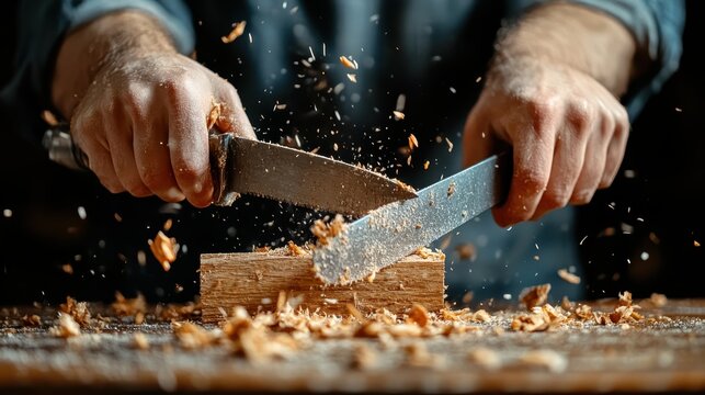 Two hands showcase precise woodcutting technique with sawdust scattering, highlighting craftsmanship and meticulous skill in traditional woodworking art.