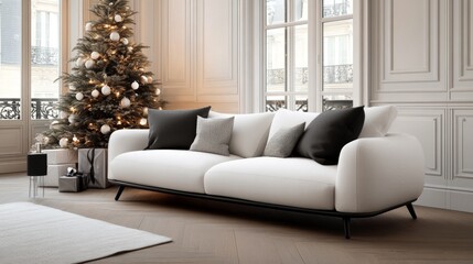 A lavishly designed room featuring a grand Christmas tree beside a plush sofa, combining elegance with festive cheer in a modern holiday atmosphere.