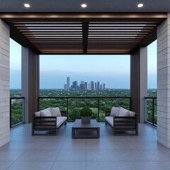 Fototapeta premium Modern balcony with seating and city skyline view.