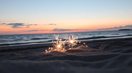 Fototapeta premium Sparkler glowing on the beach at sunset creating a magical moment by the ocean