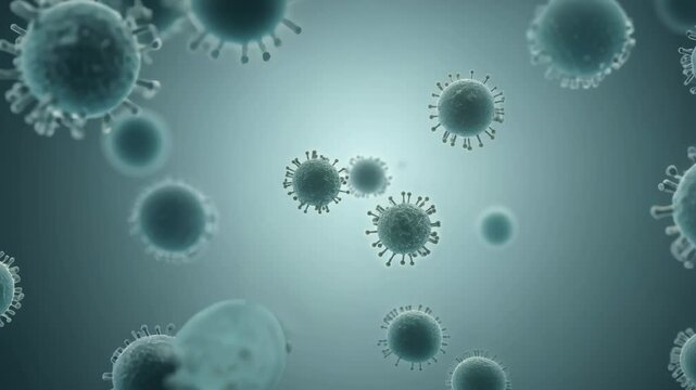 The camera slowly zooms in as bacterial cells engulf nutrients while immune cells approach, illuminated by side lighting against a muted grey background