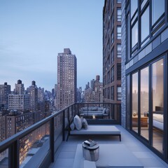 Modern balcony view overlooking a city skyline at dusk.