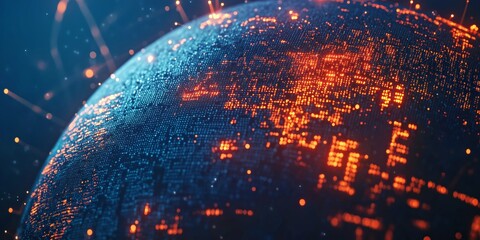 Global technology network with illuminated map of Earth in blue and orange
