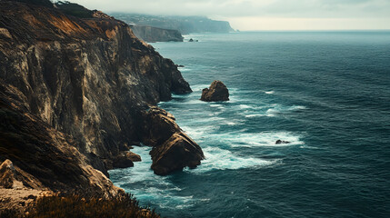 natural panorama of waves crashing on the cliffs on the sea side