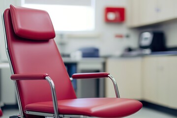 Red chair in clinical setting, focus on healthcare equipment