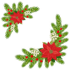 Christmas flowers. A vibrant holiday wreath featuring red poinsettias, green leaves, and white berries arranged for festive decoration during winter