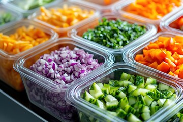 Assorted chopped vegetables in clear containers