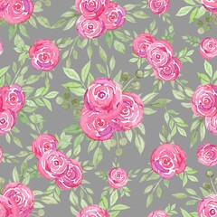 Watercolour pattern, pink roses with green leaves. Seamless floral pattern-480.