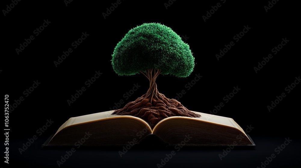 Poster knowledge is the seed: a surreal and symbolic image of a tree growing from the pages of a book. it r