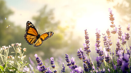 butterfly gracefully flutters over lavender flowers in sunny garden