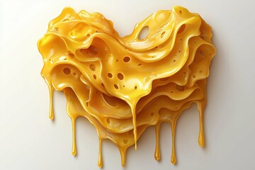 Heart-shaped melting cheese with holes, plain white background.
