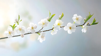 Obraz premium beautiful branch of blooming white cherry blossoms with green leaves