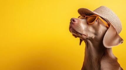 A stylish dog gazing upward while wearing a straw hat and sunglasses, depicted against a yellow background, embodying curiosity and a cheerful disposition.