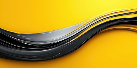 Abstract black and silver wave on vibrant yellow background, modern curved design with contrast