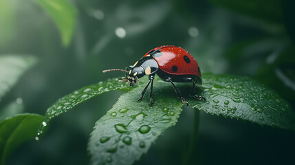 vibrant ladybug resting on green leaf with water droplets