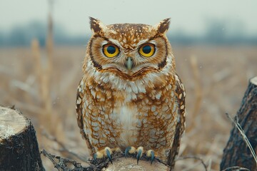 Obraz premium A Brown Owl Perched on a Tree Stump with Sharp Talons