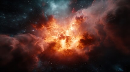 A dramatic depiction of a fiery cosmic explosion, displaying intense energy and vibrant colors, symbolizing creation and dynamic cosmic events.