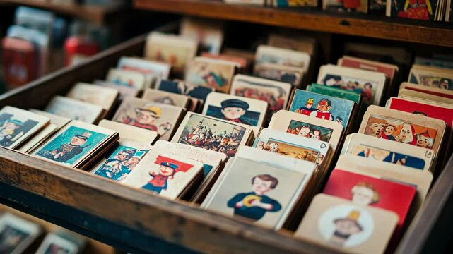 A close-up shot of a wooden shelf filled with vintage trading cards