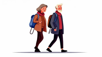 An older couple walks along a white background, each carrying a backpack