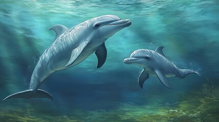 Fototapeta premium Graceful Dolphins Swimming in Clear Ocean Waters