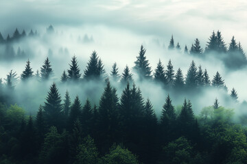 A dense forest with a thick fog covering the trees