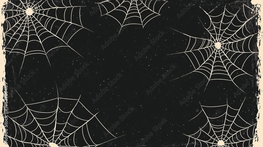 Poster this captivating abstract design features intricate cobweb line art on a textured black background, 