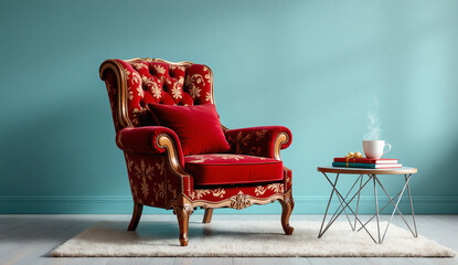 A luxurious red armchair with intricate gold detailing sits beside a modern side table, adorned with steaming coffee and colorful books, creating a cozy and inviting atmosphere.

