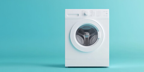 Modern white washing machine against a vibrant aqua background