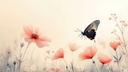 A delicate butterfly flying near soft pink flowers in a serene garden setting.