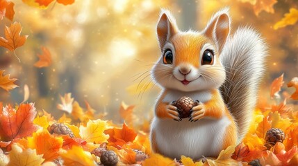 Fototapeta premium Cute squirrel with an acorn in autumn leaves.