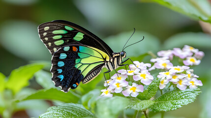 close up of vibrant butterfly resting on delicate flowers, showcasing its colorful wings