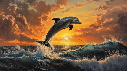 Fototapeta premium Dolphin Leaping Against a Colorful Sunset Background