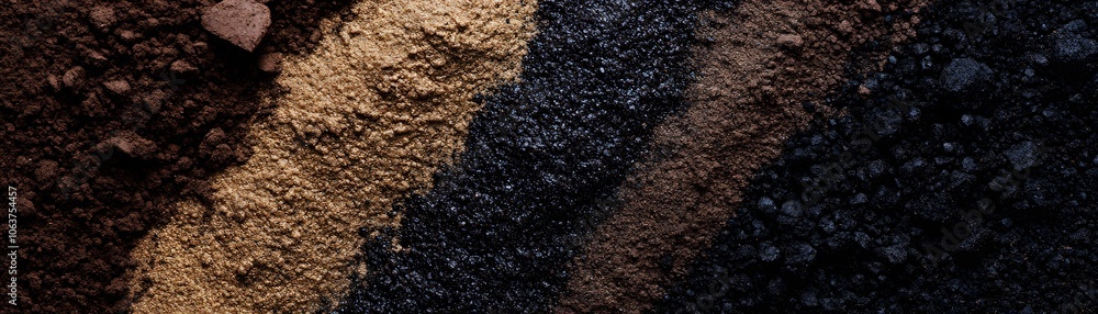 Poster close-up of four diagonal lines of different colored soil