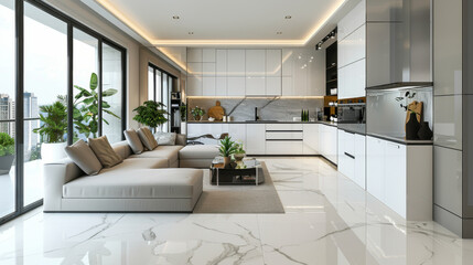 light luxury interior design of a modern apartment in a minimalist style with marble trim and huge windows