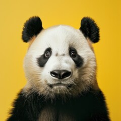 Obraz premium Studio portrait of a panda bear against a yellow background showcasing its charming expression in a professional photoshoot setting.