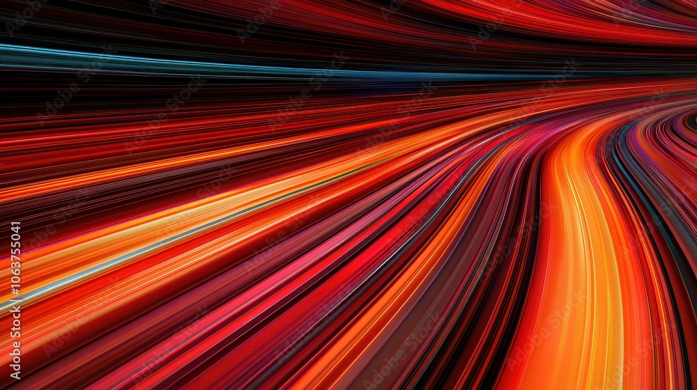 Poster vibrant abstract lines in red, orange, and purple create a dynamic visual flow against a dark backdr