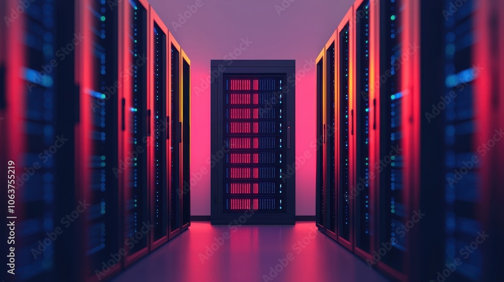 Poster server room with colorful lighting, showcasing rows of network racks and a prominent server door.